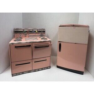 Vintage 50s Wolverine Company Pink Tin Play Kitchen Fridge and Stove